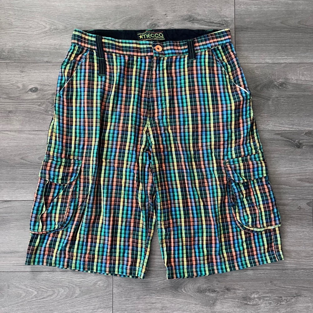 Vintage Mecca Plaid Cargo Shorts Mens 38 Baggy Streetwear Y2K Multi Color Cotton